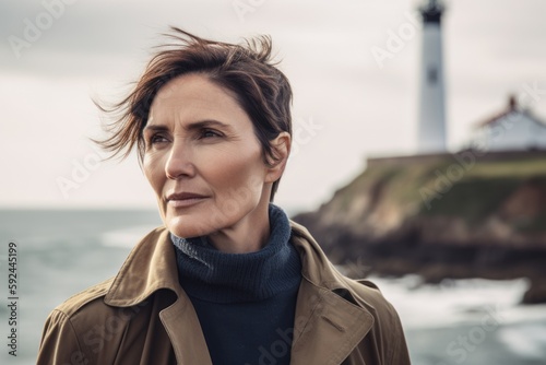 Portrait of a mature woman in trench coat looking away while standing on the beach © Robert MEYNER