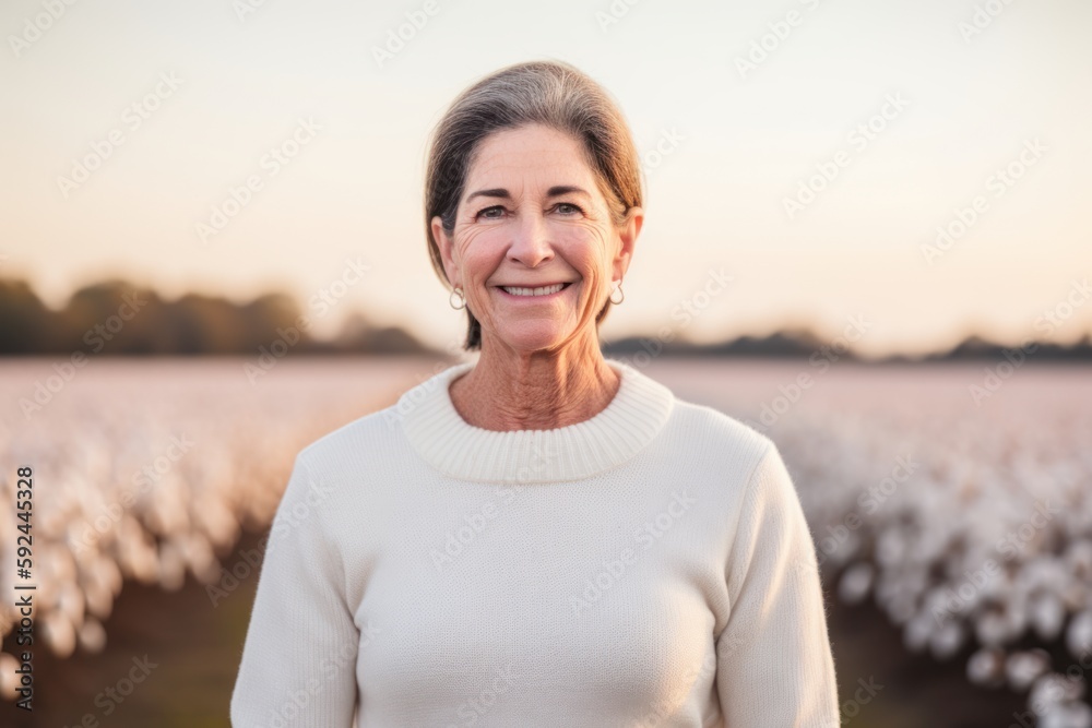 Portrait of smiling senior woman standing in cotton field at sunset.