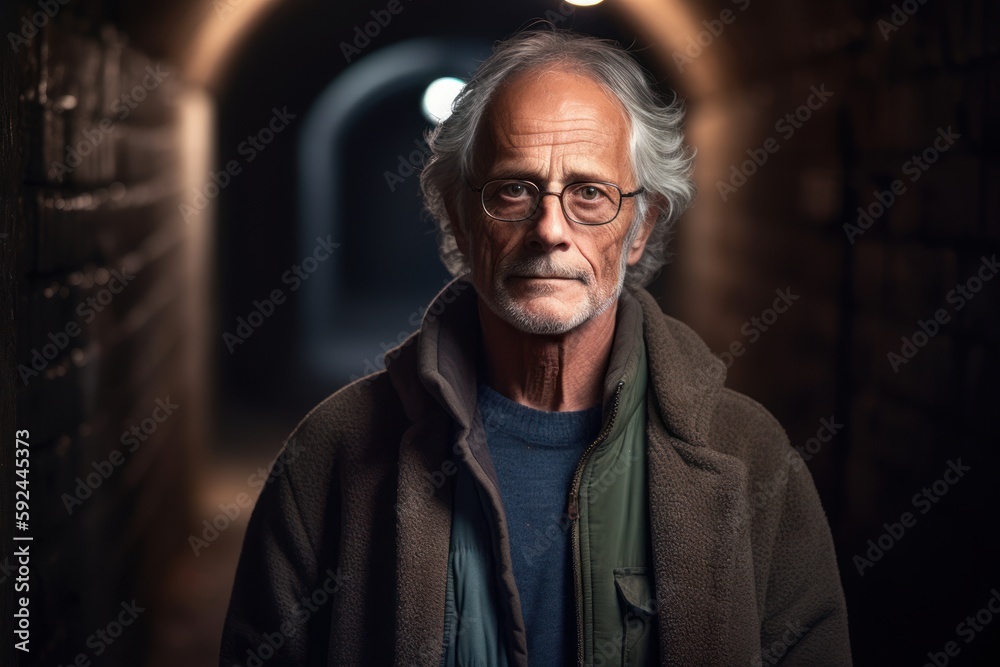 Portrait of an elderly man in a dark tunnel. Looking at camera. Portrait of an elderly man in a dark tunnel. Looking at camera.