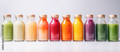 assorted fresh smoothie cocktails , juice in bottles generative ai