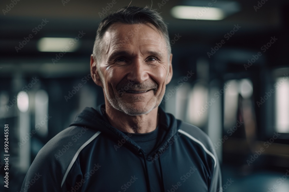 Portrait of smiling senior man in sportswear looking at camera in gym Portrait of smiling senior man in sportswear looking at camera in gym
