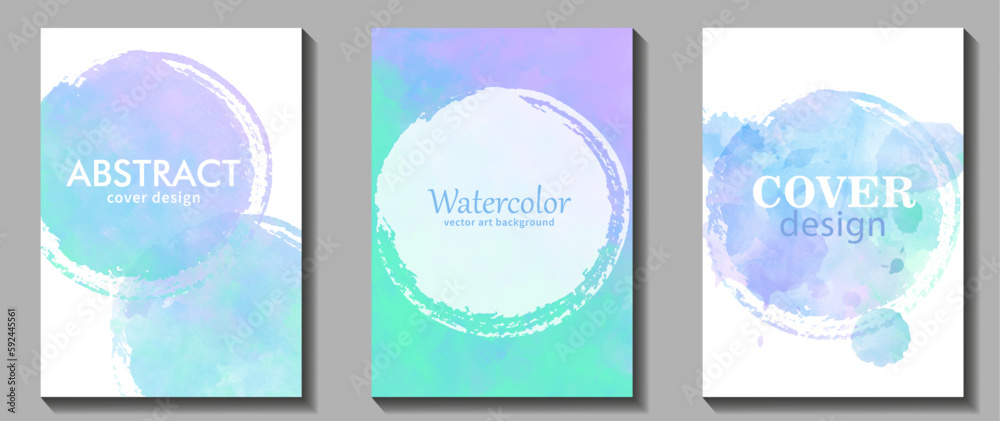 Watercolor art set background for card, flyer, poster, banner and cover design. Multicolor illustration. Color splashes and brushstrokes. Colorful watercolour painted template. Blue, green and pink.