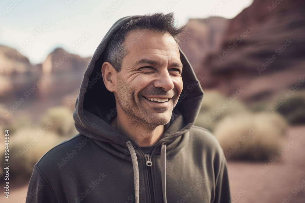 Portrait of a smiling man wearing hooded sweatshirt in the desert Portrait of a smiling man wearing hooded sweatshirt in the desert