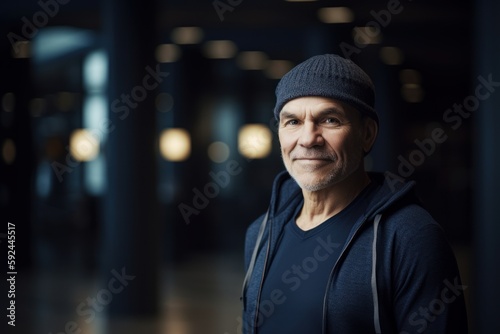 Portrait of a senior man in a black hoodie and a hat