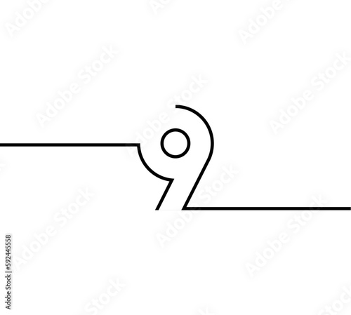 vector design line number 9 nine with sticking out to 2 sides. in black on a white background. number line