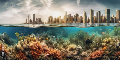 vibrant coral reef thrives beneath the surface of an urban city, concept of Nature Conservation and Urban Biodiversity, created with Generative AI technology © koldunova