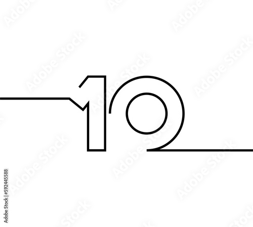 vector design line number 10 ten with sticking out to 2 sides. in black on a white background. number line