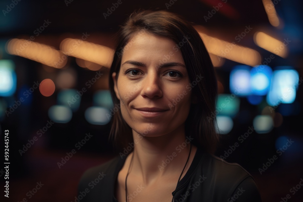 Portrait of a beautiful young woman at the night club with lights in the background.