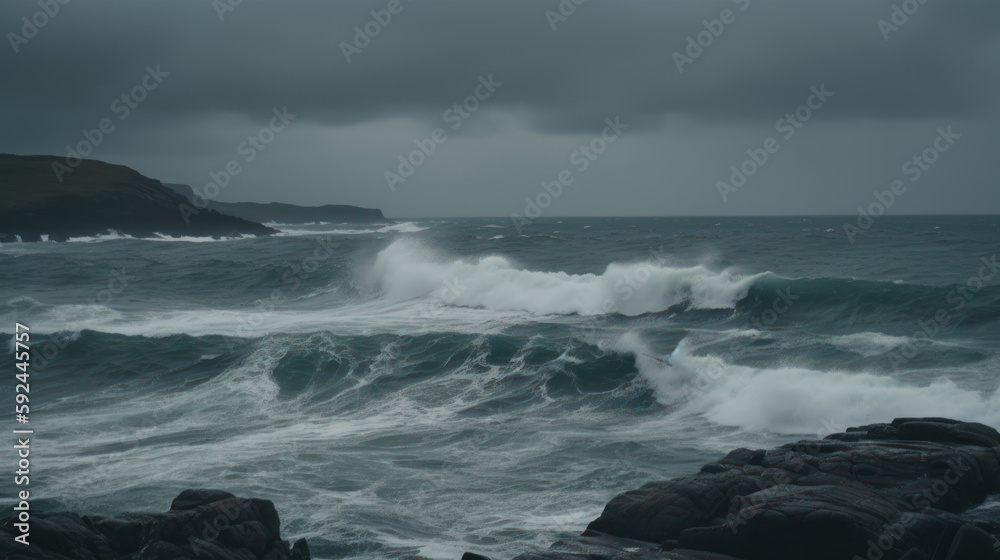 raging ocean waves in cloudy weather, stormy sea generative ai