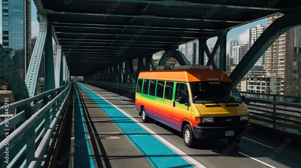 Vintage van with the LGBT colors through the streets of the city