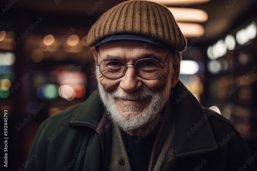 Portrait of an old man with a gray beard and glasses.