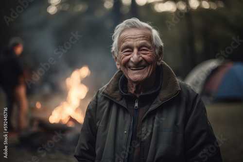 Portrait of an elderly man standing near the campfire in the forest