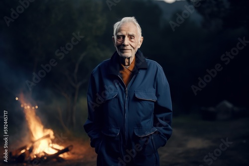 Portrait of an elderly man standing in front of a campfire