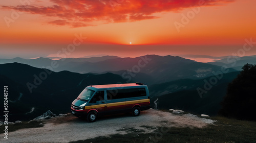 Van painted in LGBT colors on a mountain watching the sunset