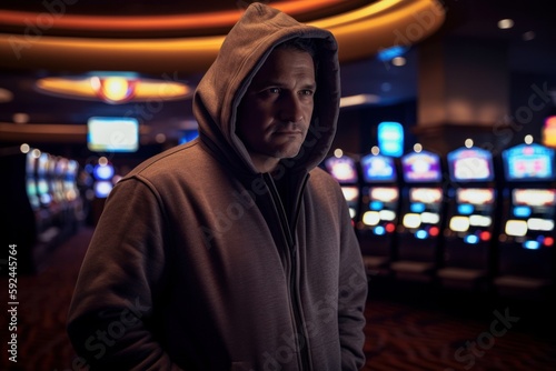 Portrait of a young man in a hoodie at the casino