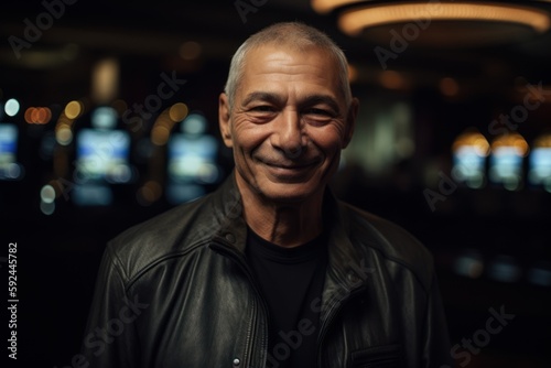 Portrait of a smiling senior man in a nightclub at night.