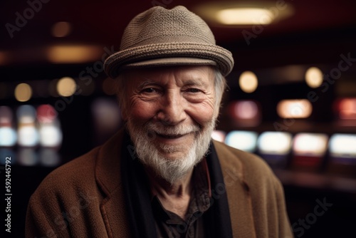 Portrait of a smiling senior man in a hat at the casino