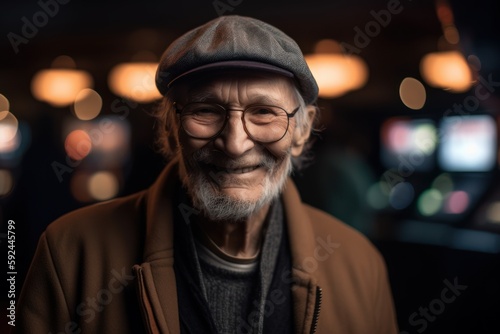 Portrait of an old man in a hat and coat on the street