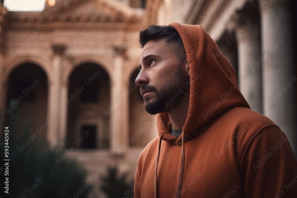 Handsome young man in orange hoodie looking away while standing outdoors