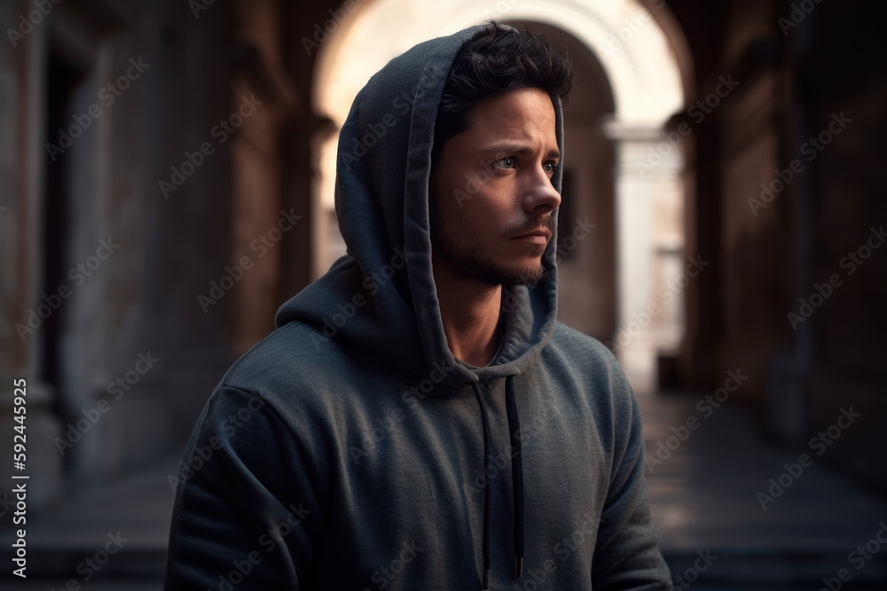Portrait of a handsome young man wearing a hoodie. Men's beauty, fashion. Portrait of a handsome young man wearing a hoodie. Men's beauty, fashion.