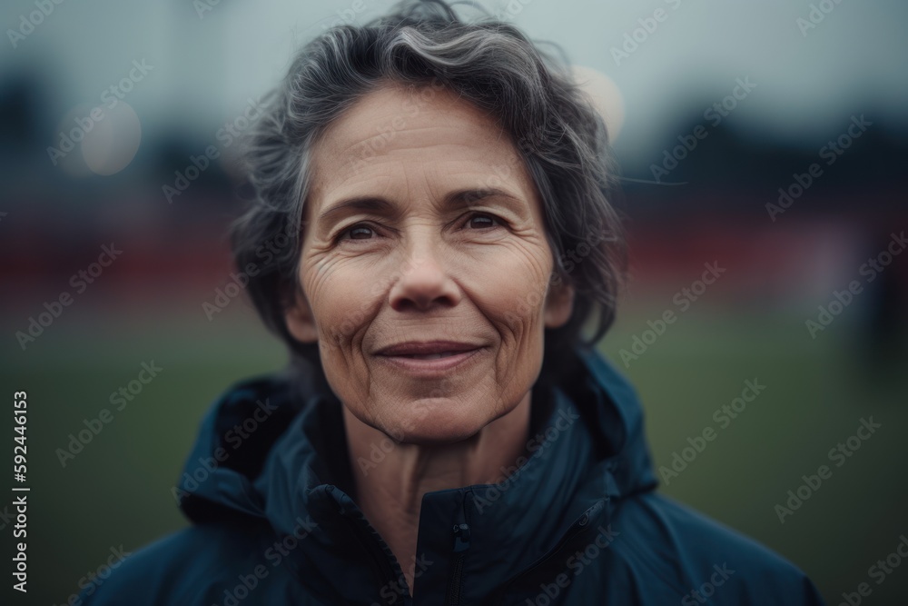 Portrait of a smiling senior woman standing on the football field. Portrait of a smiling senior woman standing on the football field.