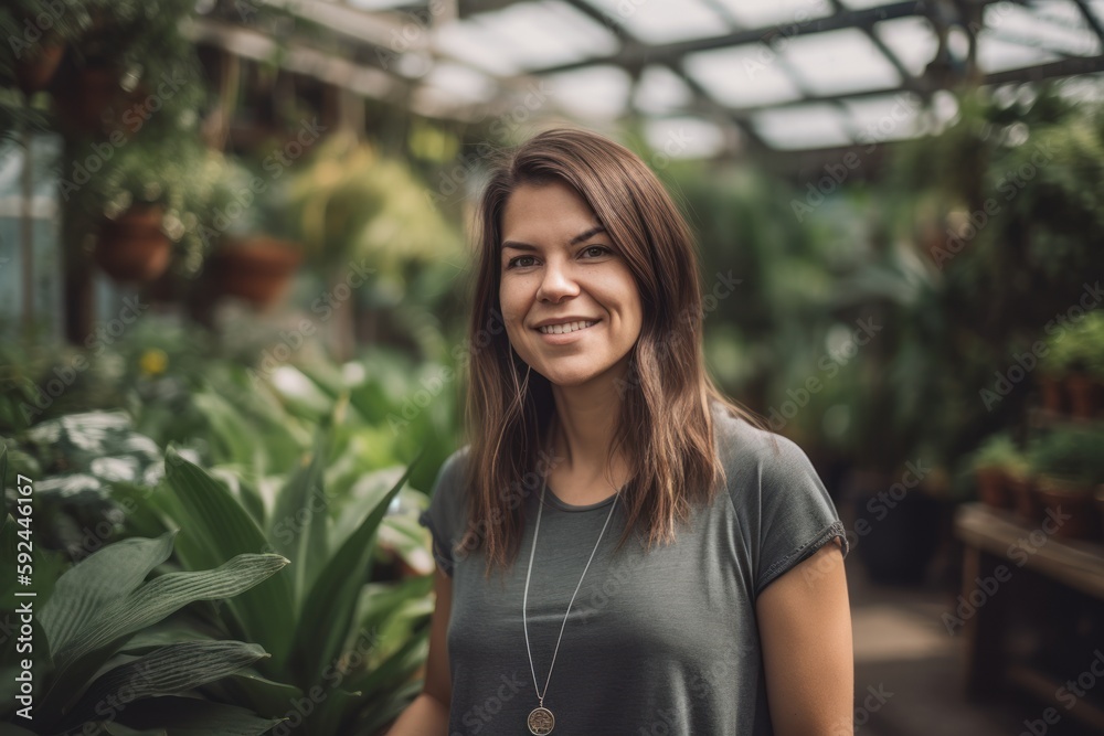 Portrait of a beautiful young woman smiling at the camera in a greenhouse Portrait of a beautiful young woman smiling at the camera in a greenhouse
