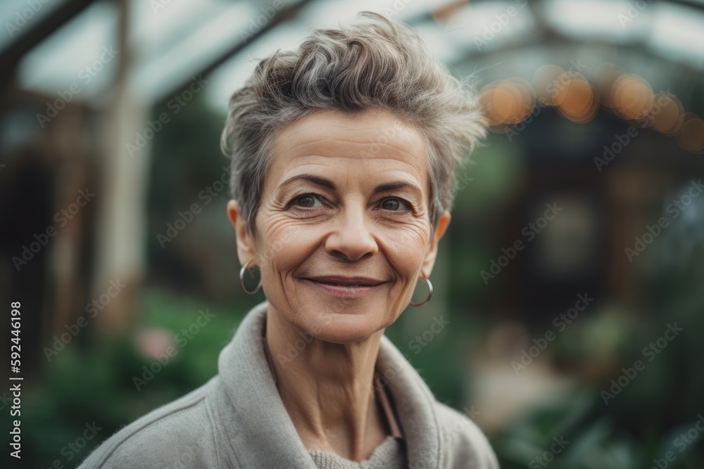 Portrait of smiling senior woman looking at camera in greenhouse. Mature woman with grey hair posing outdoors. Portrait of smiling senior woman looking at camera in greenhouse. Mature woman with grey hair posing outdoors.