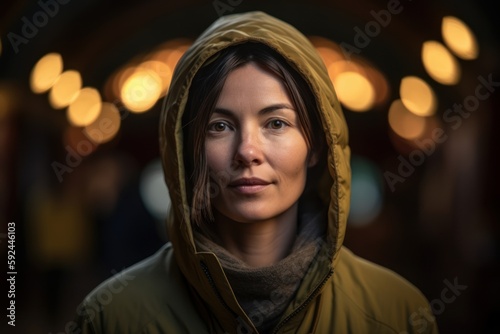 Portrait of a beautiful young woman with hood at Christmas market.