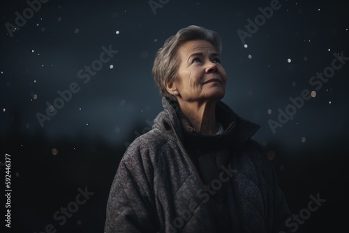 Portrait of an elderly woman on a dark background in the rain