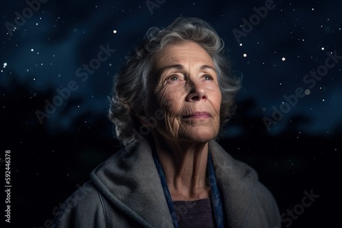 Portrait of a beautiful senior woman at night with stars in the background