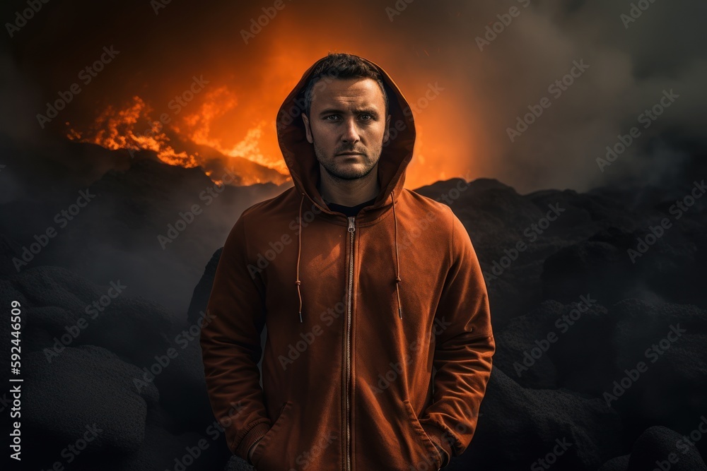 Portrait of a man standing in front of a burning volcano. Portrait of a man standing in front of a burning volcano.