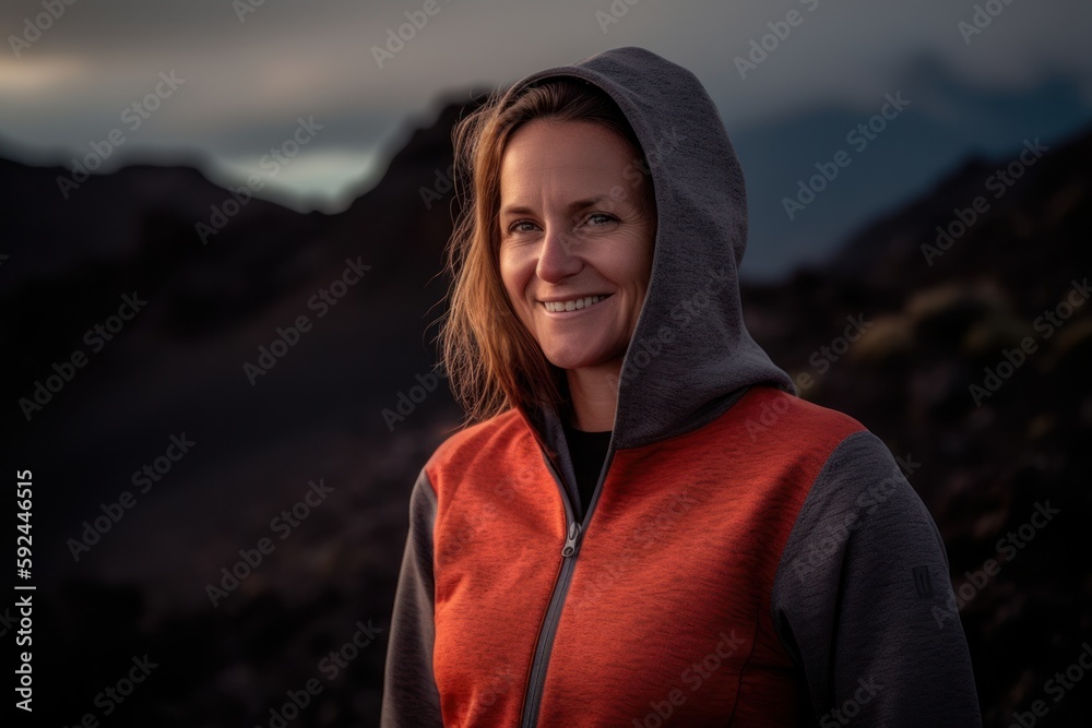 Portrait of a beautiful young woman wearing a hoodie in the mountains