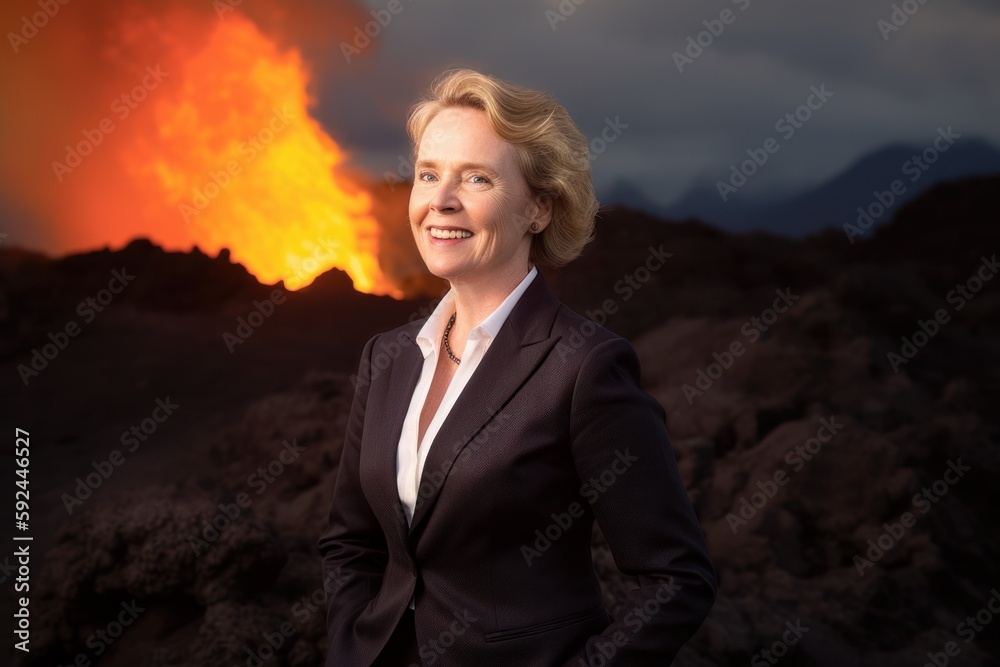 Elderly businesswoman standing in front of a volcano eruption.