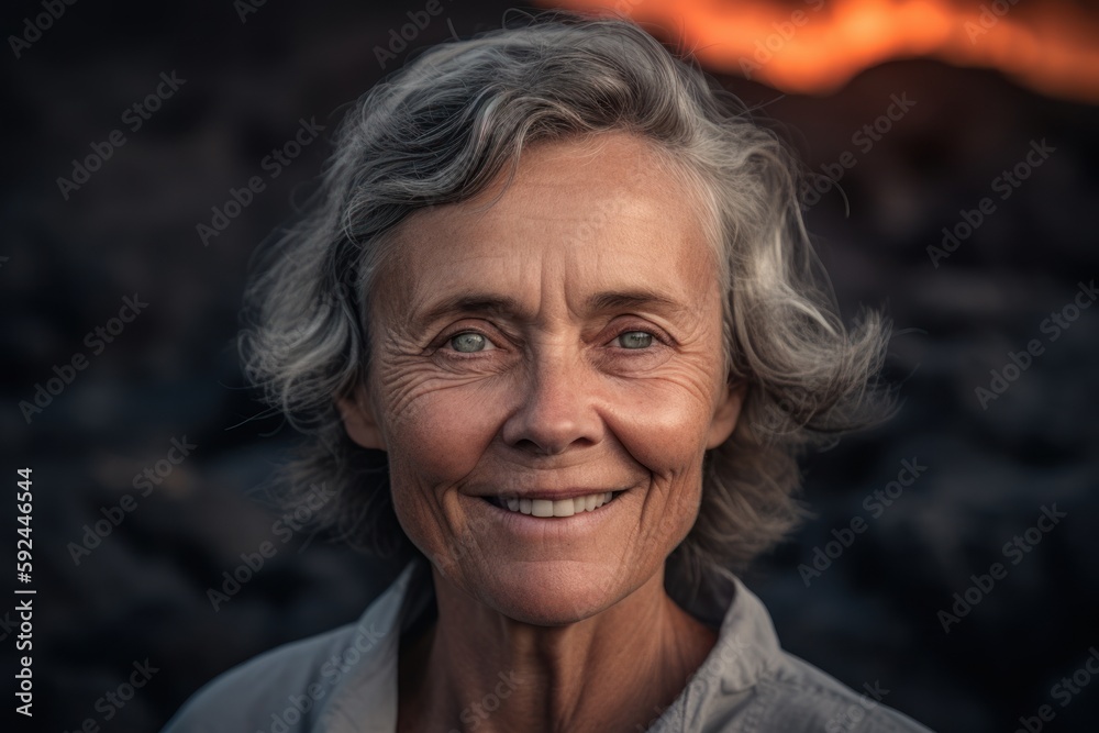 Portrait of a smiling senior woman in front of a bonfire
