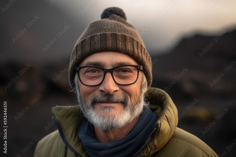 Portrait of a senior man wearing a hat and glasses at sunset