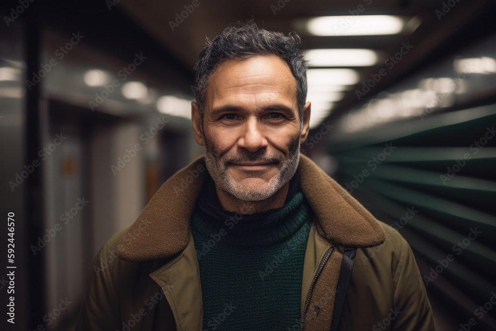 Obraz premium Portrait of a handsome mature man in a subway station, looking at the camera.