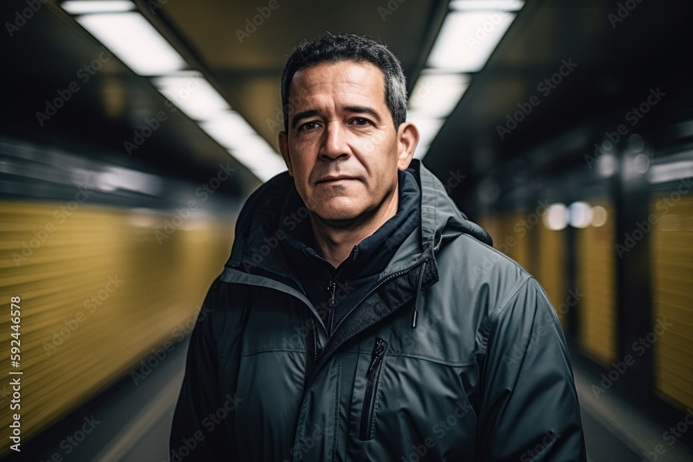 Portrait of a mature man standing in a subway station, looking at the camera. Portrait of a mature man standing in a subway station, looking at the camera.