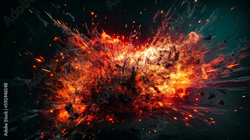 Explosion, bright light, fire background. Digital art illustration, AI generated.