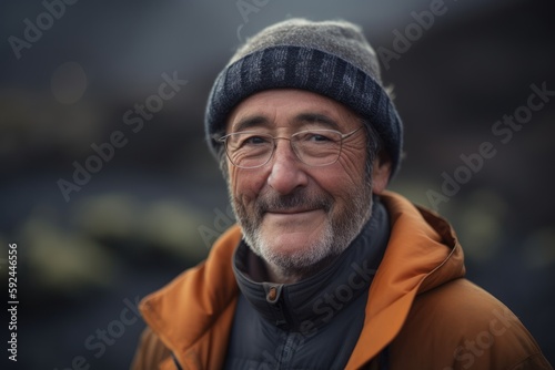 Portrait of a senior man with gray beard and glasses in winter