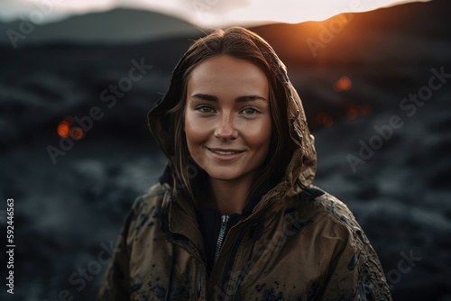 Smiling young woman in raincoat and hood looking at camera while standing on lava field © Robert MEYNER