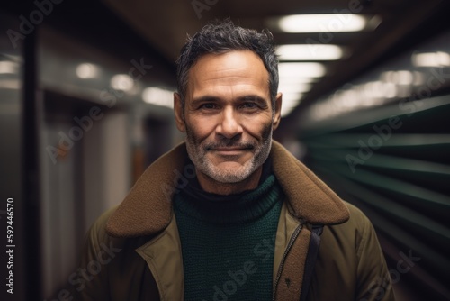 Portrait of a handsome mature man in a subway station, looking at the camera.