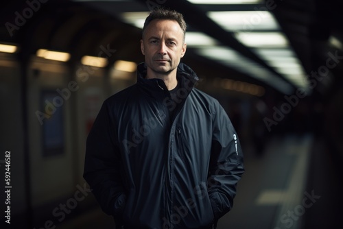 Portrait of a handsome man in a black jacket in the subway