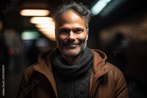 Portrait of a handsome middle-aged man in a brown jacket and gray scarf.