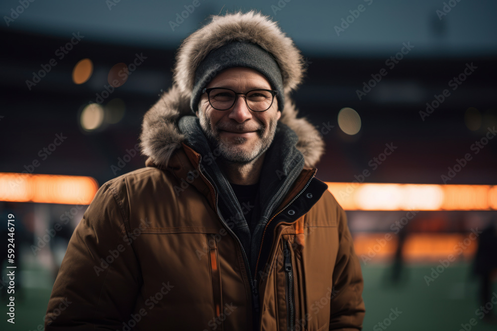 Portrait of a handsome middle-aged man in a warm jacket and glasses on the background of a football stadium.