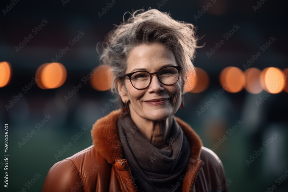 Portrait of a beautiful smiling woman in glasses and a brown jacket. Portrait of a beautiful smiling woman in glasses and a brown jacket.