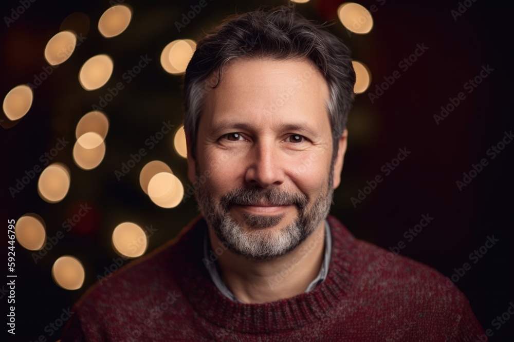 Portrait of a handsome middle-aged man in a red sweater on a dark background. Portrait of a handsome middle-aged man in a red sweater on a dark background.