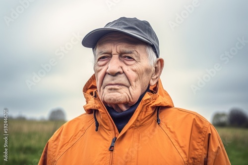 Portrait of an elderly man in an orange jacket and cap.
