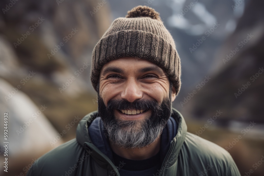 Portrait of smiling man with hat against rocky landscape in the mountains Portrait of smiling man with hat against rocky landscape in the mountains