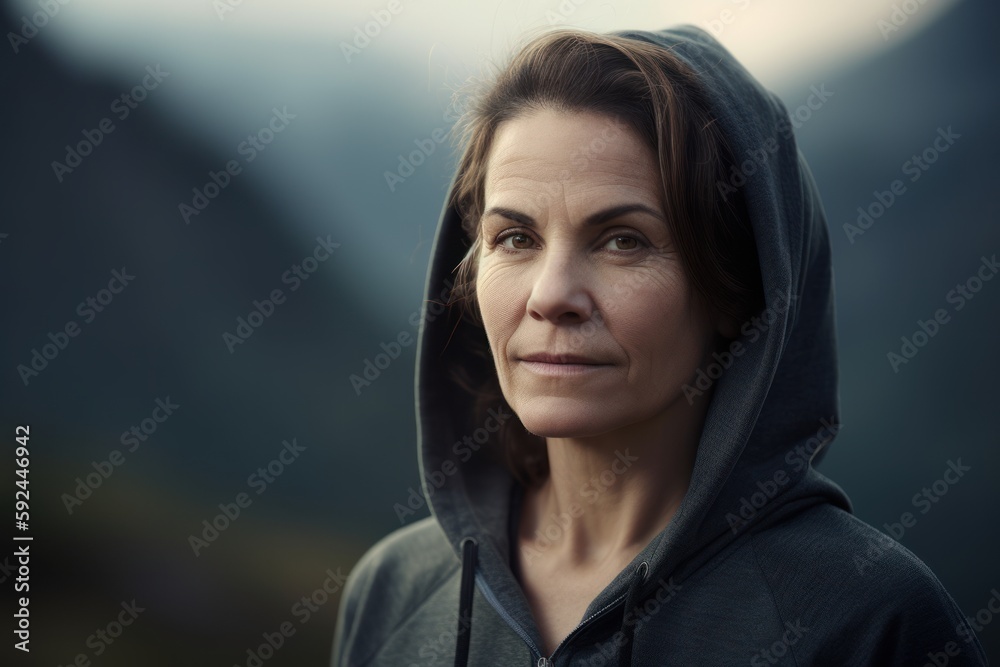Portrait of a middle-aged woman in a hood against the background of mountains