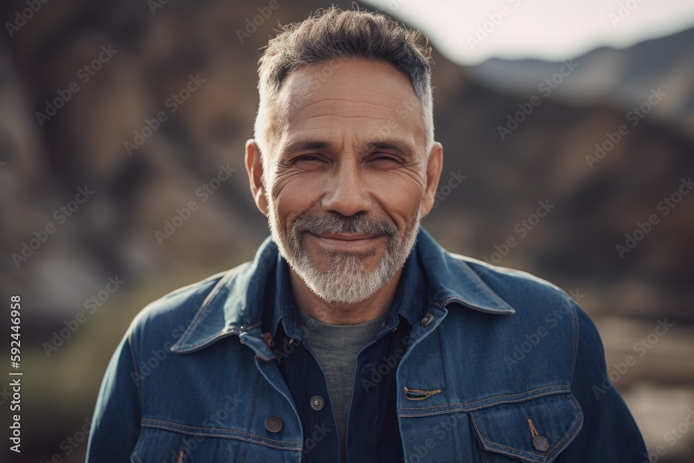 Portrait of a handsome mature man with gray beard and mustache wearing a denim jacket. Portrait of a handsome mature man with gray beard and mustache wearing a denim jacket.